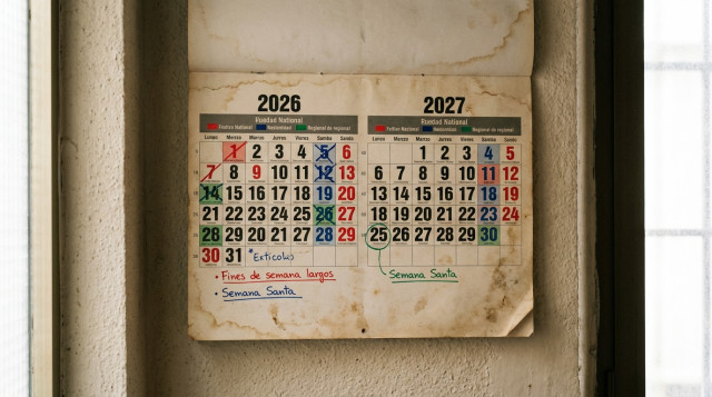 calendario de pared con marcadas en colores las fechas de festivos nacionales y autonómicos, con un foco en 2026 y 2027 y notaciones sobre fines de semana y Semana Santa