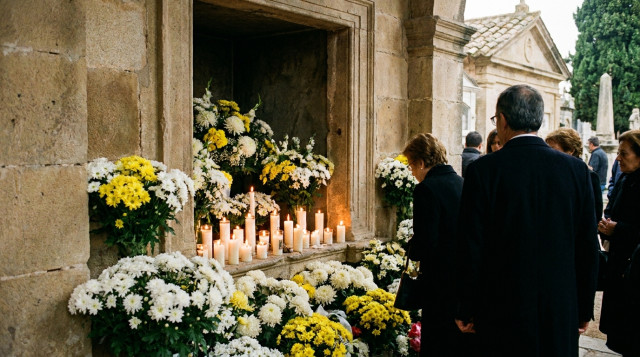 simbolismo de los crisantemos y las velas en Todos los Santos, crisantemos blancos y amarillos con velas encendidas ante un nicho de un cementerio español