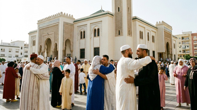 familias reunidas ante una mezquita de la Fiesta del Cordero en Ceuta y Melilla durante la mañana del Eid