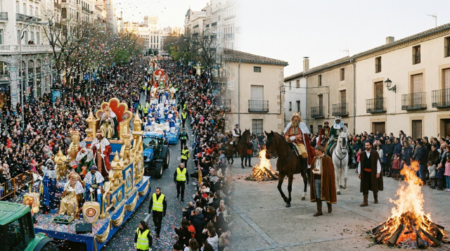 cabalgata de Reyes Magos por una calle de una ciudad española con carrozas y familias, frente a la cabalgata de un pueblo en la plaza, en la tarde del 5 de enero