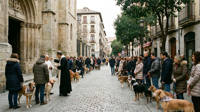 bendición de mascotas en la puerta de una iglesia el día de San Antón, 17 de enero, con vecinos y perros haciendo cola en una calle de una ciudad española