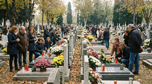 Todos los Santos el 1 de noviembre en un cementerio español con familias dejando crisantemos y velas en las lápidas