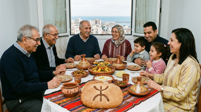 familia melillense compartiendo la cena de Yennayer en Melilla y Ceuta con motivos amazigh en la mesa
