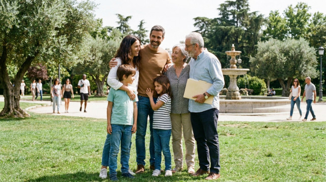Familia disfrutando de la reagrupación familiar en España 2026 en un parque público.