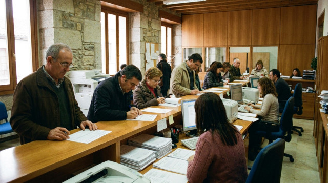 Oficina de atención al ciudadano en un ayuntamiento de España con formularios oficiales para el certificado de empadronamiento
