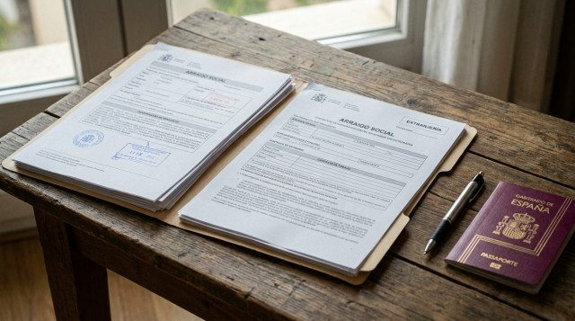 Un primer plano de una carpeta con documentos oficiales de extranjería sobre una mesa de madera, con un bolígrafo y un pasaporte al lado, simbolizando la preparación del arraigo so