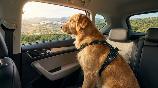 Perro viajando seguro en coche por España con arnés de la DGT.
