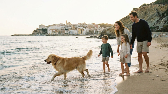Familia disfrutando con su perro en una playa pet-friendly en España.
