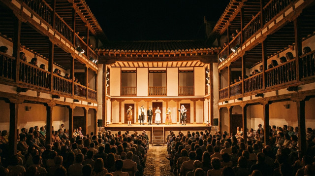 Vista nocturna del Corral de Comedias de Almagro iluminado durante una representación teatral con público en las galerías de madera