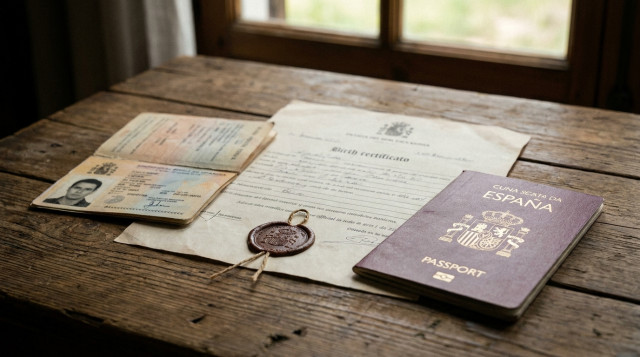Un primer plano de documentos antiguos de identidad españoles, un certificado de nacimiento con sello oficial y un pasaporte español sobre una mesa de madera rústica, simbolizando