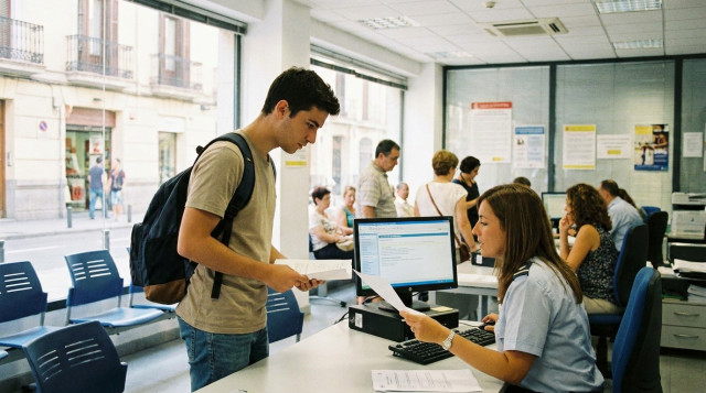 Estudiante extranjero en una oficina de extranjería en España consultando requisitos para el arraigo para la formación