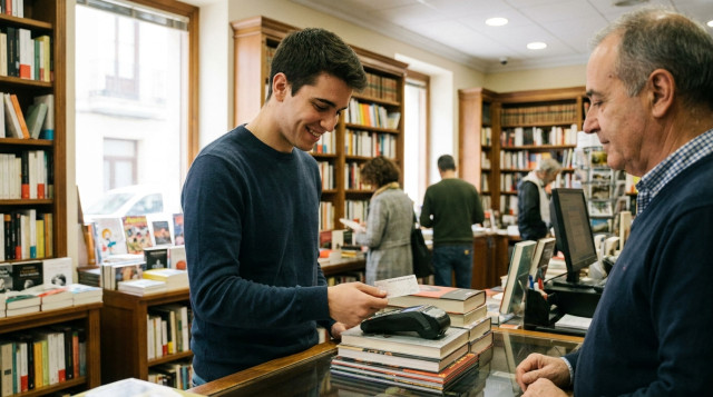 joven español utilizando su tarjeta del bono cultural joven para comprar libros en una librería tradicional