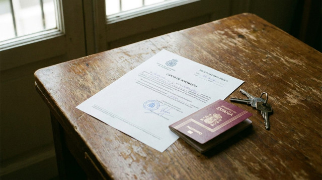 Un primer plano de un formulario oficial de la Policía Nacional de España sobre una mesa de madera, con un pasaporte y unas llaves de casa al lado, representando el trámite de la c