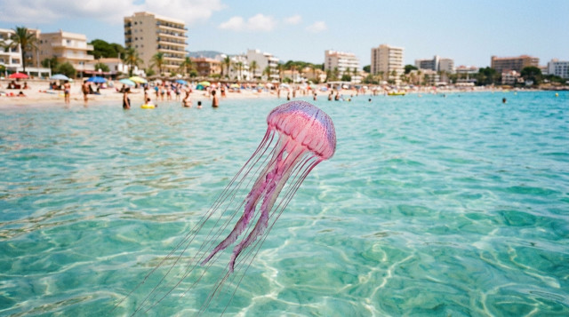 una medusa clavel (Pelagia noctiluca) flotando en las aguas cristalinas del Mediterráneo con bañistas al fondo en una playa española