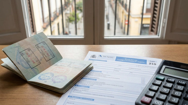 Un primer plano de un pasaporte extranjero junto a un formulario del Modelo 210 de la Agencia Tributaria y una calculadora sobre un escritorio en España