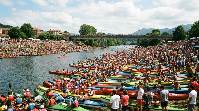 Cientos de piraguas de colores alineadas en la orilla del río Sella en Arriondas momentos antes de la salida oficial con el puente de fondo y gente celebrando