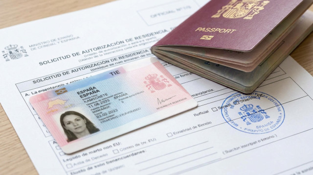 primer plano de una tarjeta de identidad de extranjero TIE junto a un pasaporte sobre un formulario oficial de extranjería en España