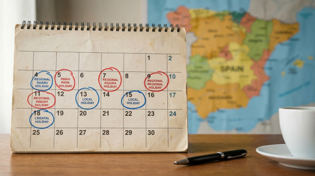 calendario de papel con anotaciones en rotulador señalando festivos autonómicos y locales, con un mapa de España desenfocado al fondo