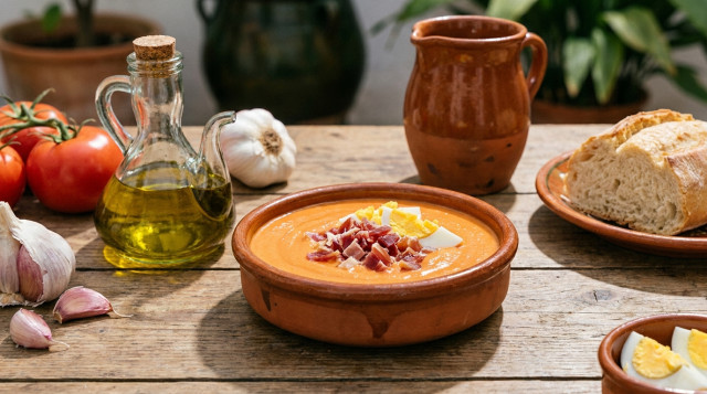 Un cuenco de cerámica con salmorejo cordobés espeso, decorado con jamón serrano y huevo duro, junto a una aceitera de cristal con aceite de oliva virgen extra