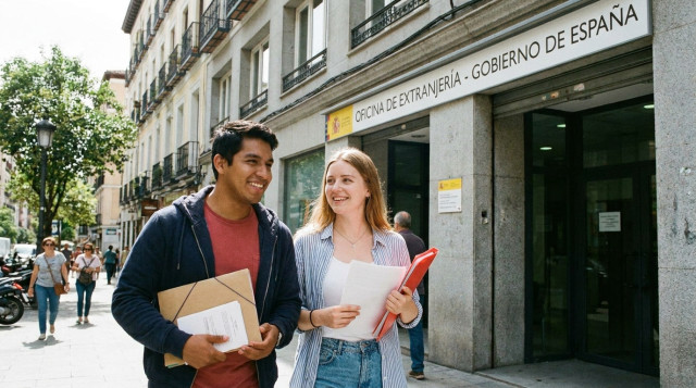 Una pareja joven de diferentes nacionalidades caminando frente a una oficina de extranjería en España con documentos en la mano