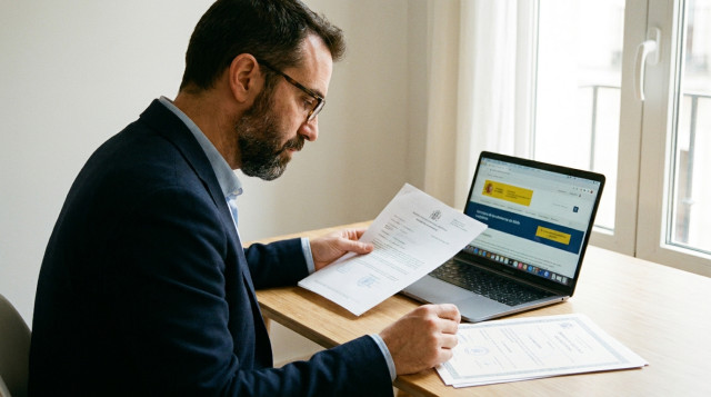 Un profesional extranjero revisando documentos oficiales y un título universitario frente a un ordenador con la web del Ministerio de Educación de España abierta