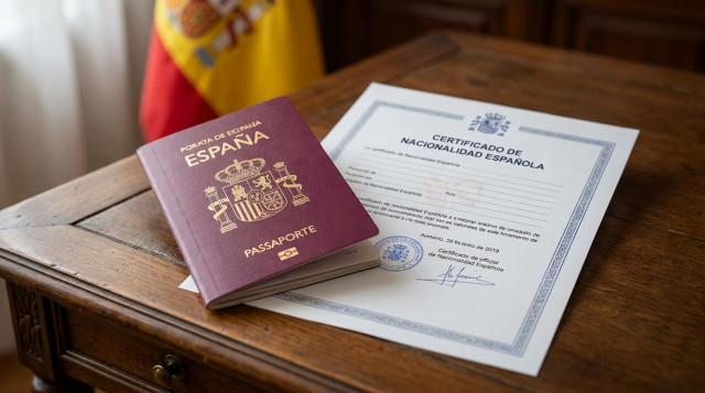 Primer plano de un pasaporte español y un certificado de nacionalidad sobre un escritorio de madera con una bandera de España de fondo desenfocada