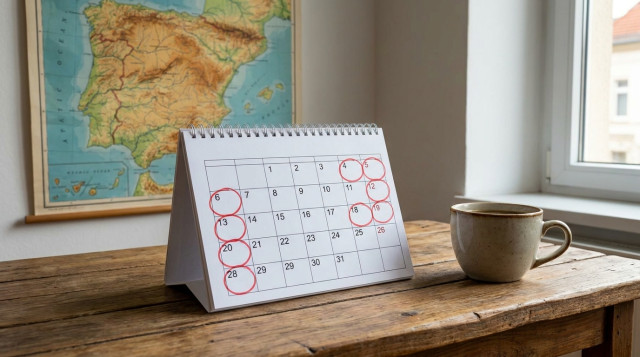 calendario sobre una mesa con marcadores rojos indicando puentes y festivos autonómicos, mapa de España en segundo plano y una taza de café