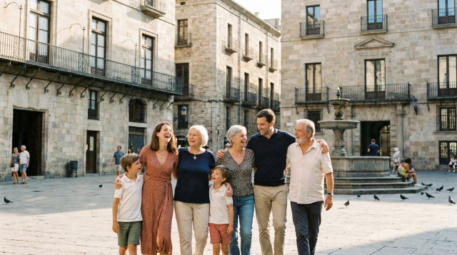 Una familia feliz caminando por una plaza típica española con edificios históricos de fondo, representando la integración y la reagrupación familiar en España