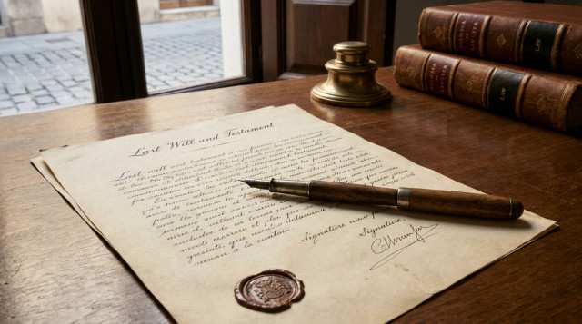 Un primer plano de un testamento firmado con una pluma antigua sobre un escritorio de madera en una notaría española