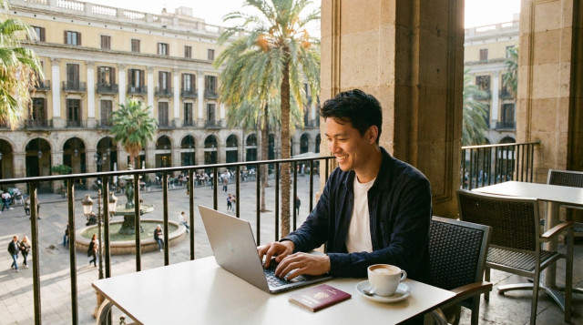 Un profesional trabajando con un ordenador portátil en una terraza soleada con vistas a una plaza histórica española, representando el visado para nómadas digitales en España