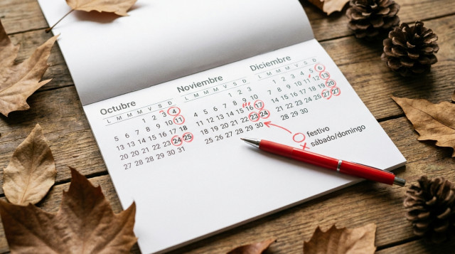 calendario impreso abierto mostrando los meses de octubre-diciembre con festivos marcados y un bolígrafo rojo encima, enfoque en las palabras