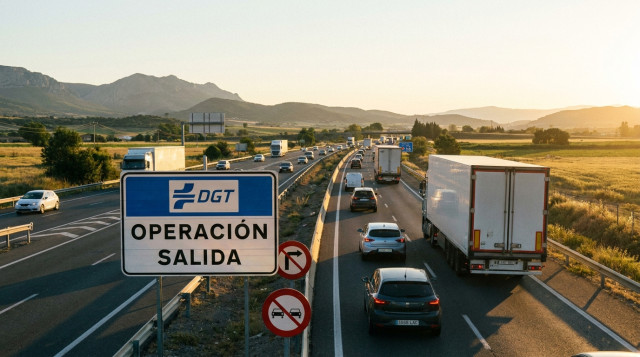 carretera nacional con tráfico fluido al amanecer, señales de la DGT y cartel que indique 'Operación salida' en primer plano