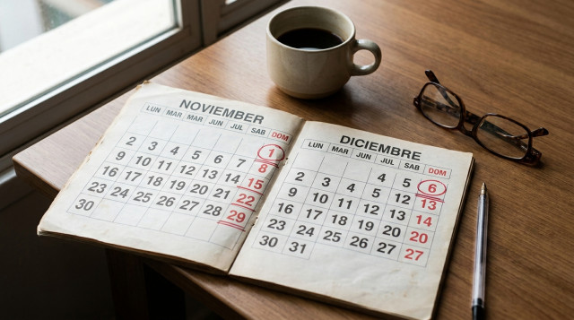calendario impreso sobre una mesa con varias fechas subrayadas en rojo, destacando 1 de noviembre y 6 de diciembre como domingos