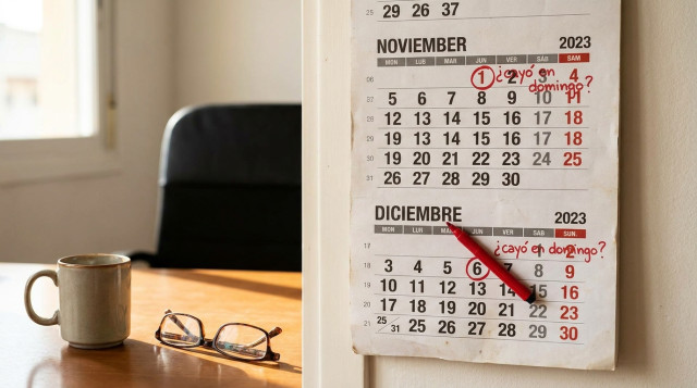 calendario de pared con los meses de noviembre y diciembre resaltados, un marcador sobre 1 de noviembre y 6 de diciembre que incluya la frase '¿cayó en domingo?'