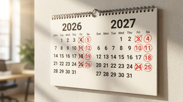 calendario de pared con marcadores rojos en fines de semana y festivos, mostrando 2026 y 2027 superpuestos para comparar fechas