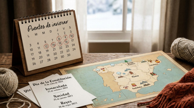 calendario de escritorio con las palabras 'Puentes de invierno' marcadas, hojas de papel con festividades señaladas y mapa de España con iconos en las comunidades más relevantes