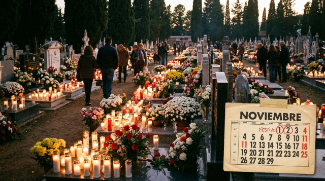 Cementerio con velas y flores en el día de Todos los Santos, plano general que muestre el ambiente y un calendario marcado en la esquina