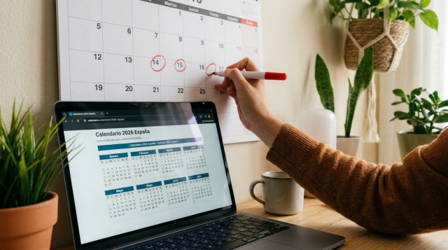 mano marcando en un calendario de pared las fechas de festivos nacionales y autonómicos con un rotulador rojo, al lado un portátil con la web 'calendario 2026 de España' abierta