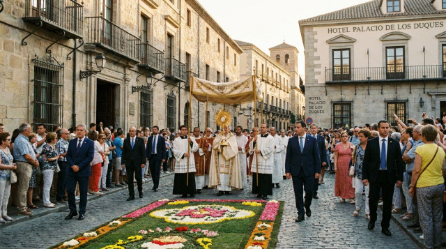 procesión de Corpus Christi por una calle empedrada, con alfombras de flores y feligreses, luz de tarde y edificios históricos de fondo