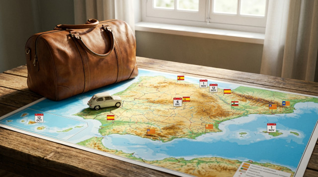 mapa de España con iconos de calendario señalando festivos nacionales y autonómicos, maleta pequeña y coche para simbolizar escapadas cortas