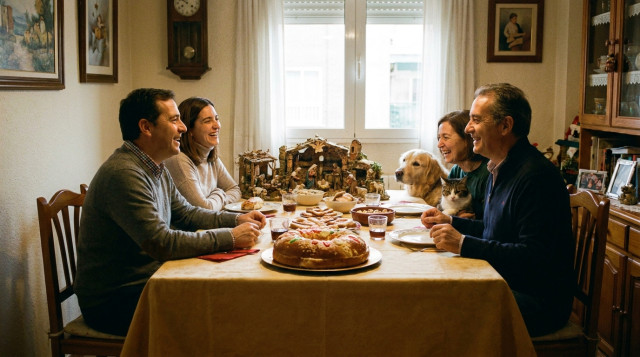 familia española sentada alrededor de una mesa decorada para Navidad, con belén y roscón de Reyes visible, luz cálida y detalles domésticos