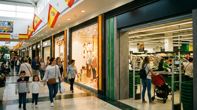 clientes paseando frente a escaparates iluminados en un centro comercial abierto durante el festivo del 12 de octubre