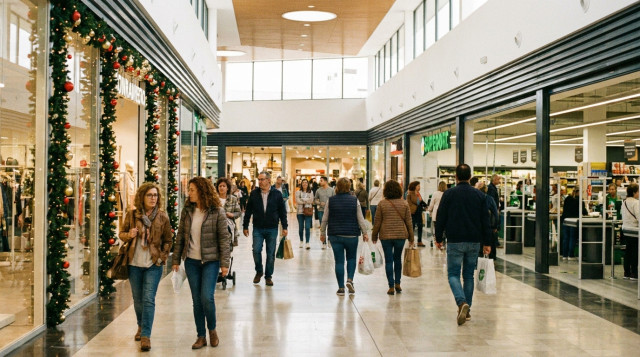 escaparates y accesos de un centro comercial con clientes durante la jornada de apertura de tiendas y supermercados el 12 de octubre
