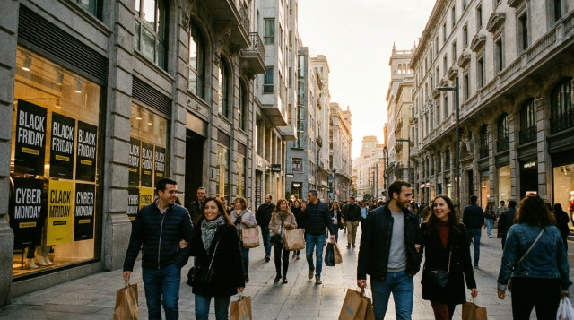 escaparates de una calle comercial española con carteles de Black Friday y personas con bolsas de compra al atardecer