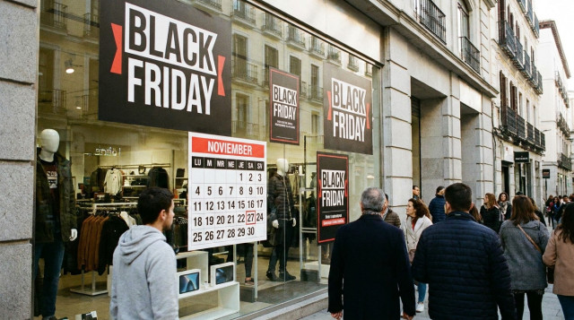 escaparate de una tienda con carteles de Black Friday y calendario de noviembre que marca el viernes 27