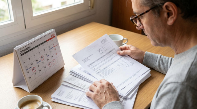 Persona revisando documentos tributarios y facturas junto a un calendario de mesa con fechas señaladas