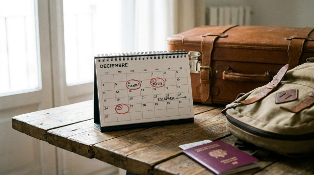 calendario de mesa abierto en diciembre con las fechas marcadas y equipaje de viaje preparado