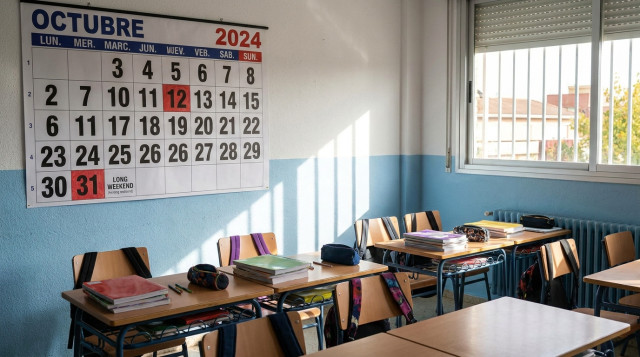 Aula escolar vacía con un calendario de octubre marcado en días festivos y libros sobre los pupitres