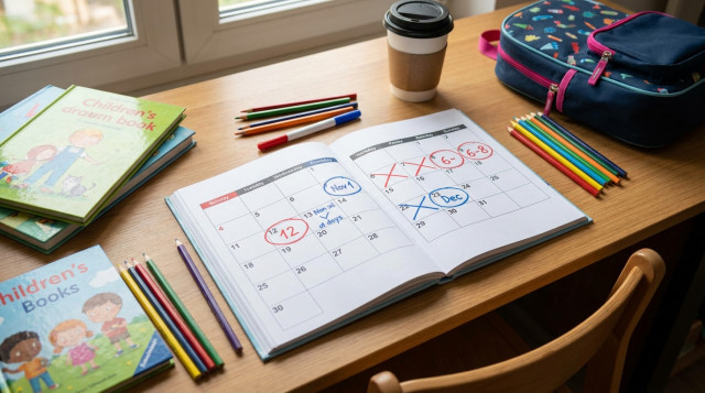 calendario escolar abierto sobre una mesa de estudio con libros infantiles y fechas de puentes marcadas con rotulador