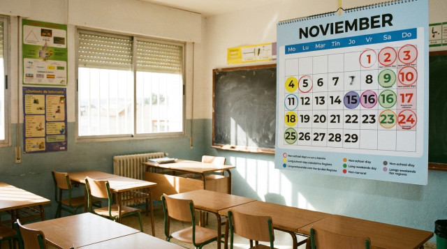 Aula escolar vacía con calendario de pared señalando los días no lectivos de noviembre